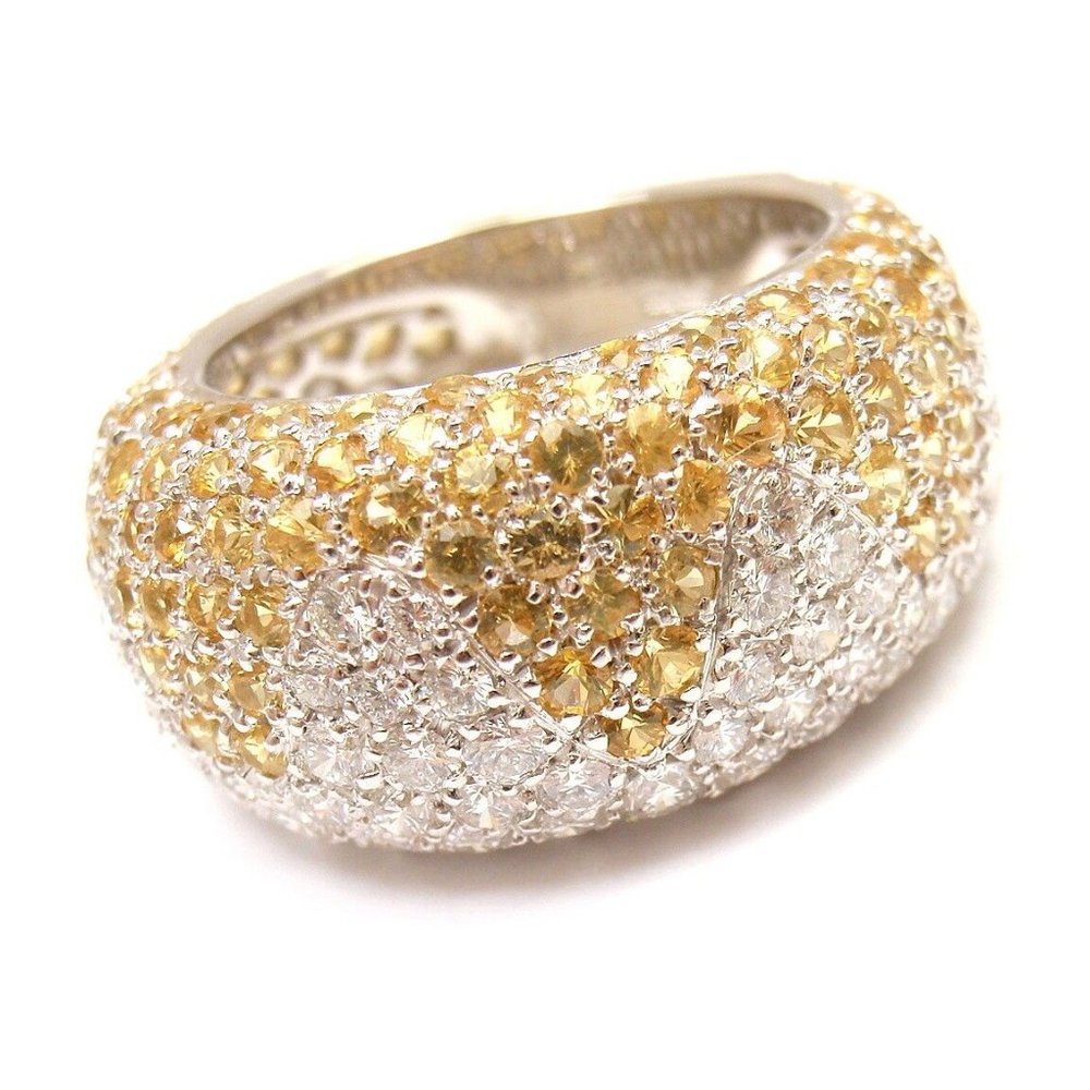 Authentic! Chopard 18k White Gold Yellow Sapphire Diamond Wave Wide Band Ring